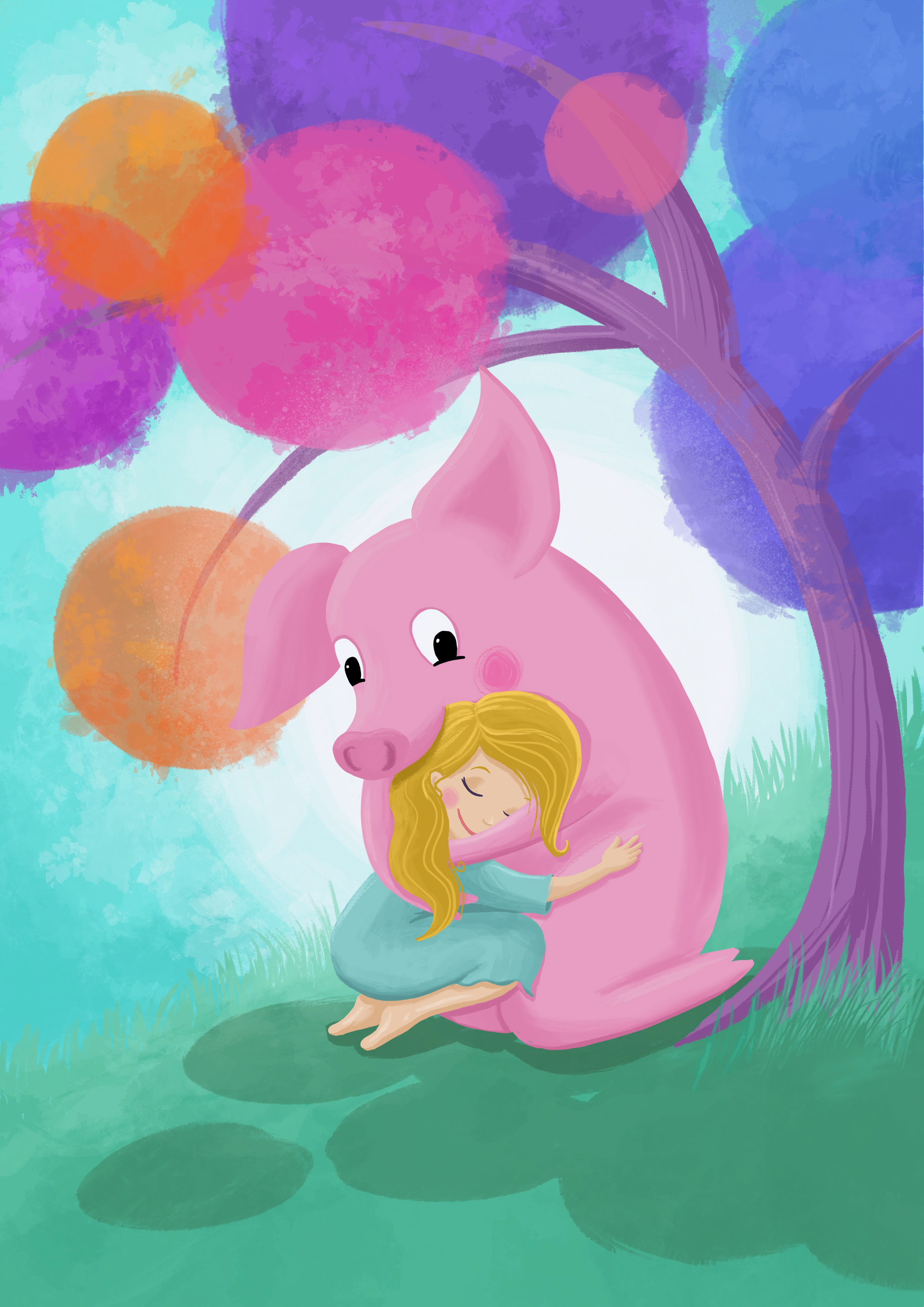 Schwein, Ferkel, Mädchen, Umarmung, Illustration, Kinderbuch
